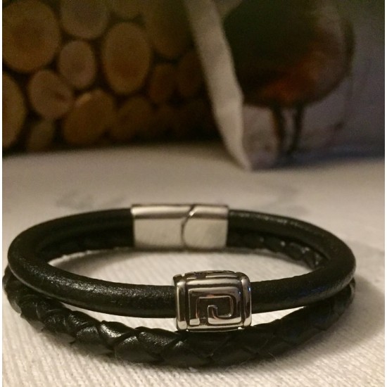 Bracelet en cuir noir lisse et tressé avec bille carrée et fermoir aimanté