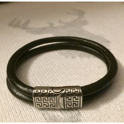 Bracelet homme ou mixte en cuir noir double avec fermoir aimanté en inox